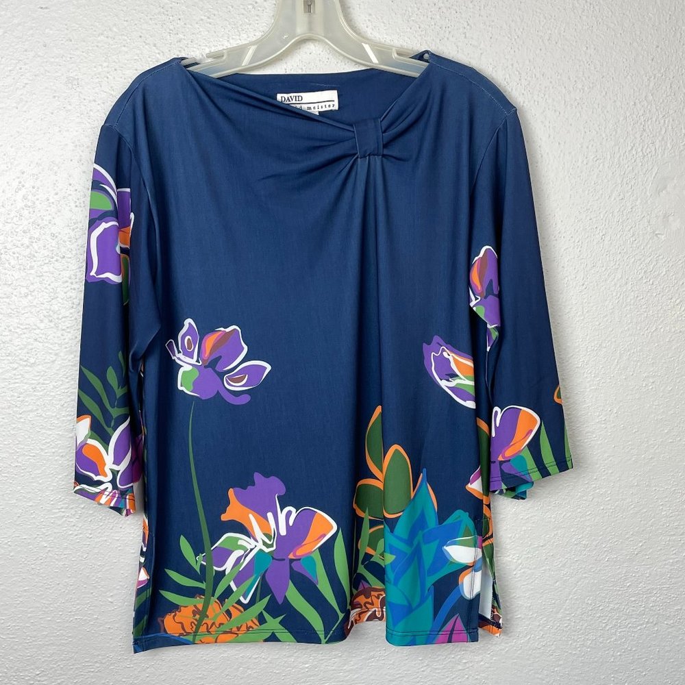 DAVID David Meister 3/4 Sleeve Fluid Jersey Knot-Neck Top in Navy Combo